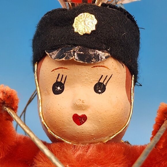 Vintage 1950s Drummer Boy Ornament Japan Foil Drum Tinsel Plume Chenille Arms - Picture 3 of 11